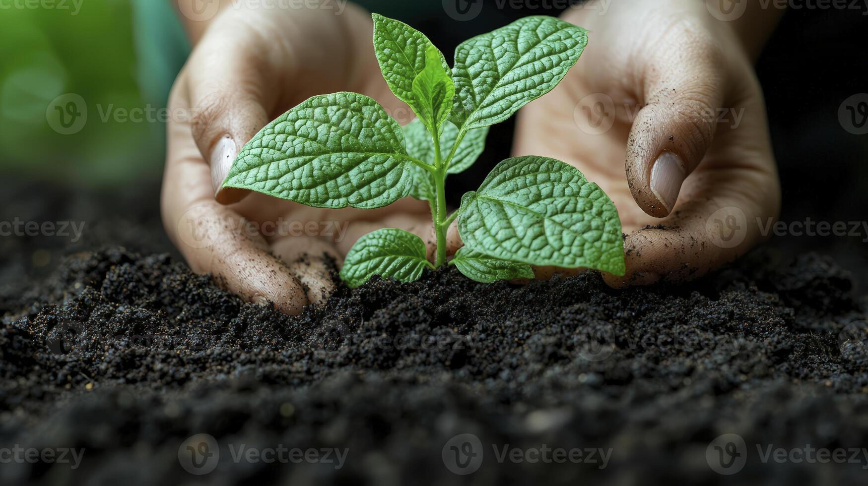 Close Up of Hands Planting Seedling in Dark Soil photo