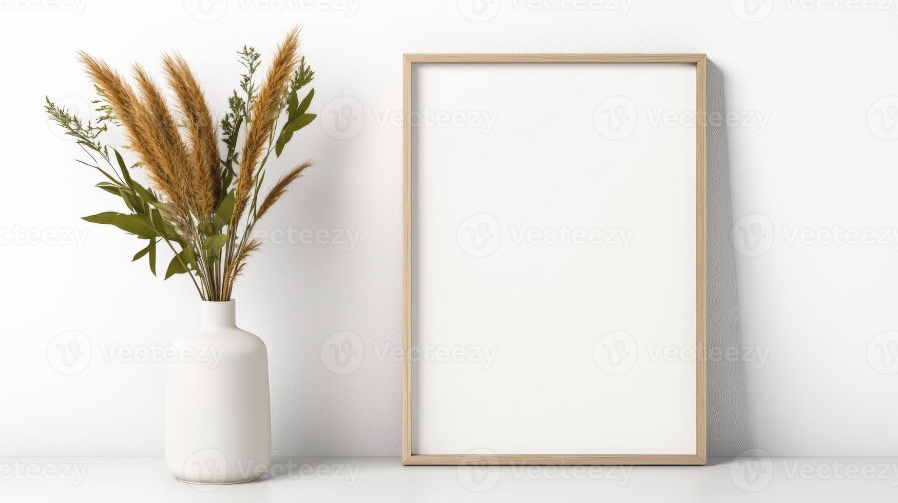 Dried Flowers in White Vase with Blank Wooden Frame and Textured photo
