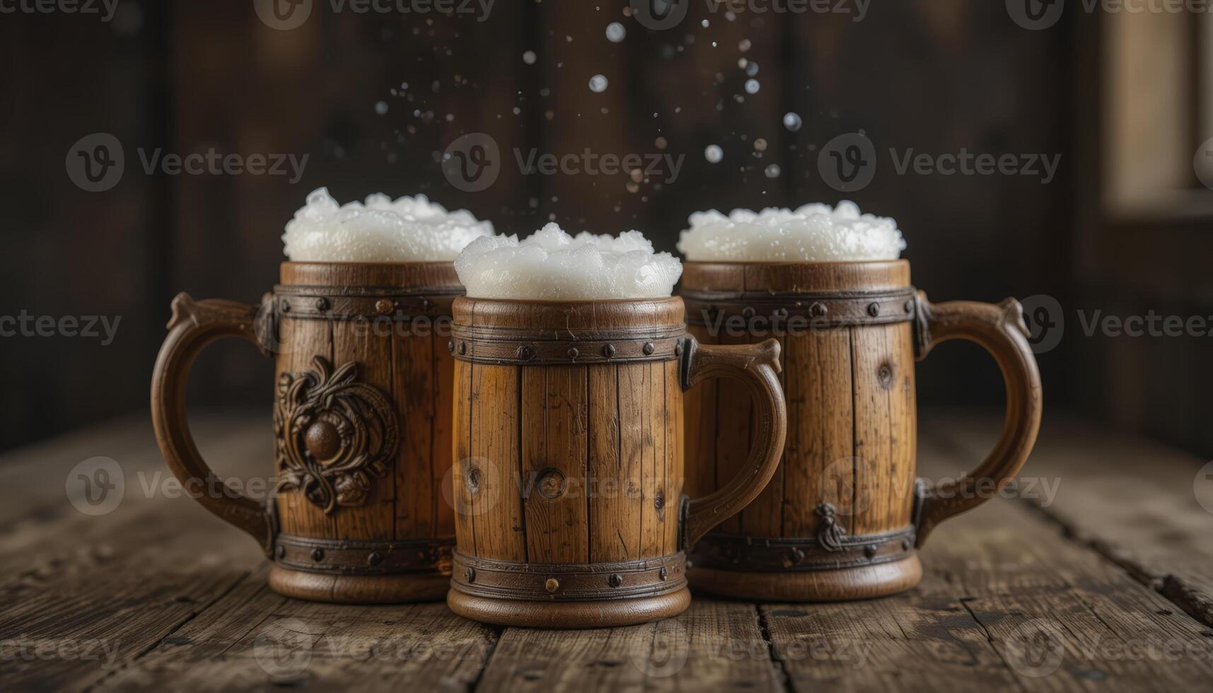 Three Frothy Beverages in Rustic Wooden Mugs on Dark Wooden Table photo