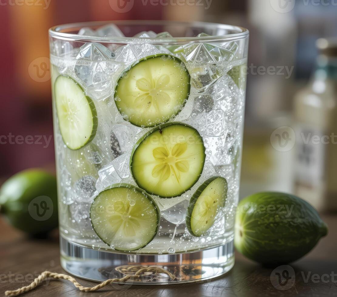 Close Up Of Refreshing Cucumber Water With Ice In Glass photo