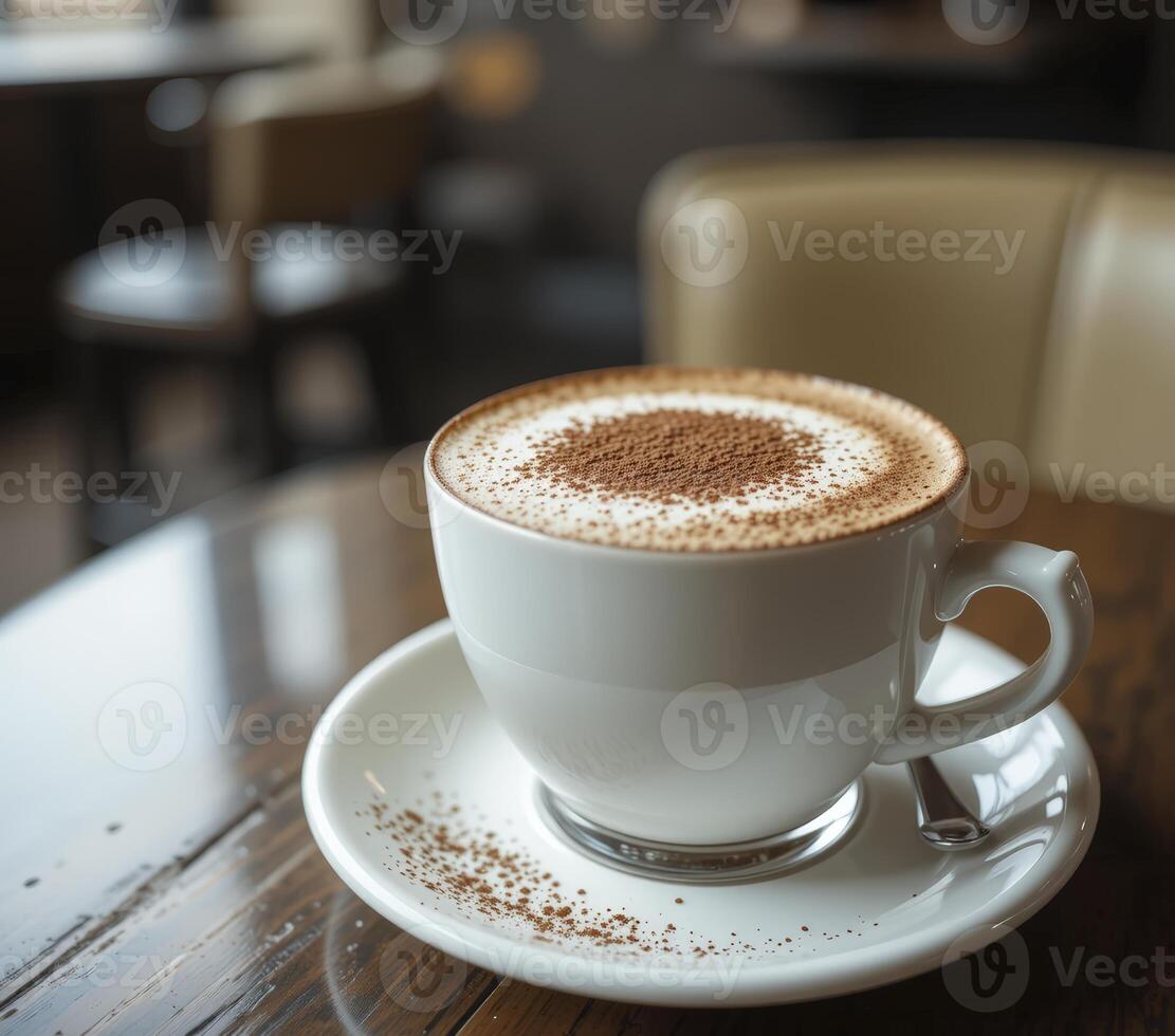 Close up of Coffee Drink with Cocoa Powder on Dark Wooden Table in photo