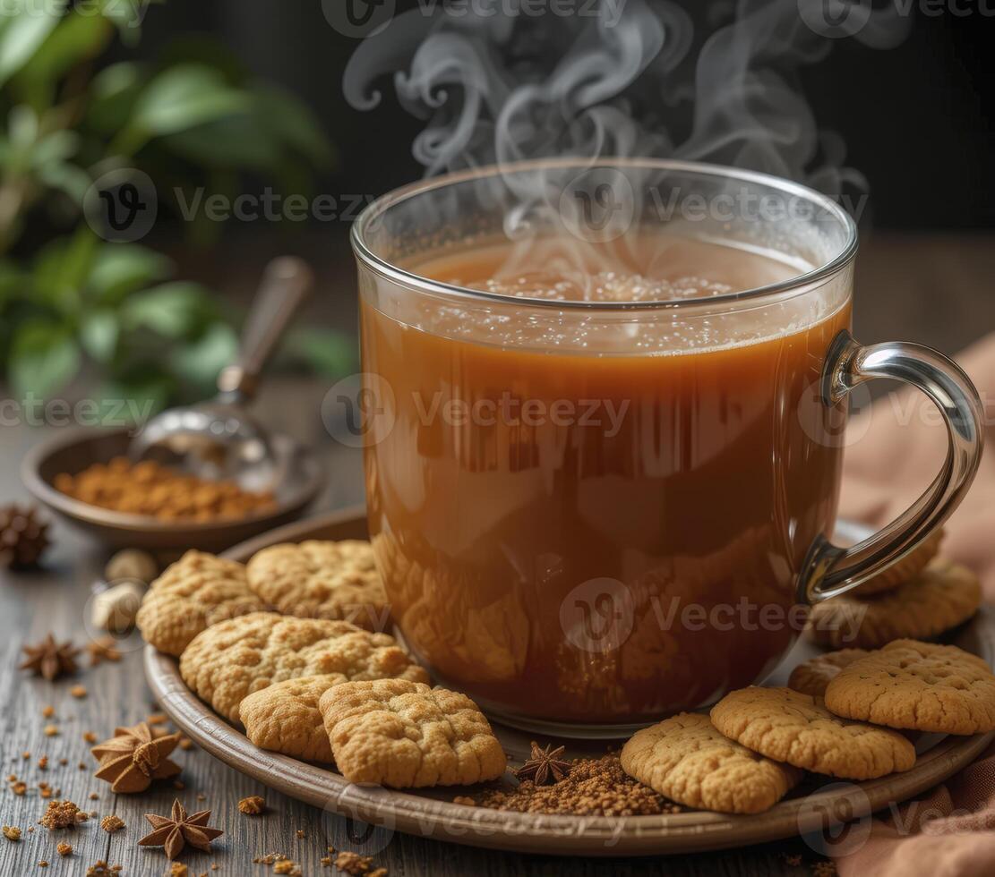 Steaming Beverage with Biscuits and Spices on Dark Wood photo
