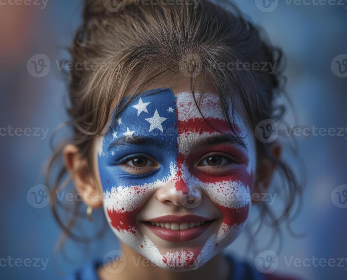 Smiling Child with Flag Face Paint Portrait photo