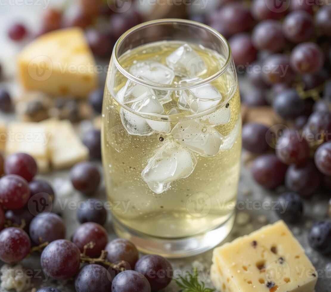 Iced Beverage with Grapes and Cheese on Gray Surface photo