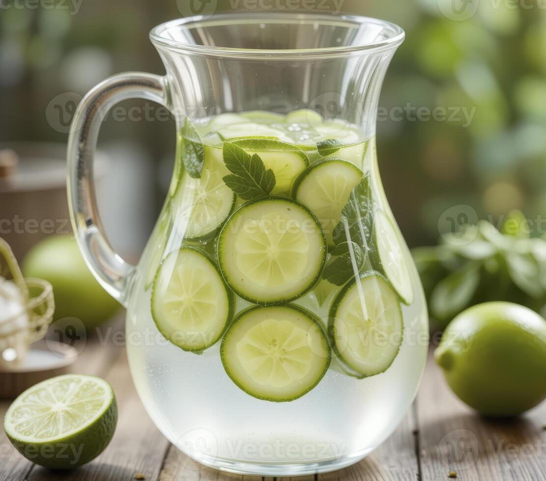 Refreshing Cucumber Lime Mint Infused Water In Glass Pitcher photo