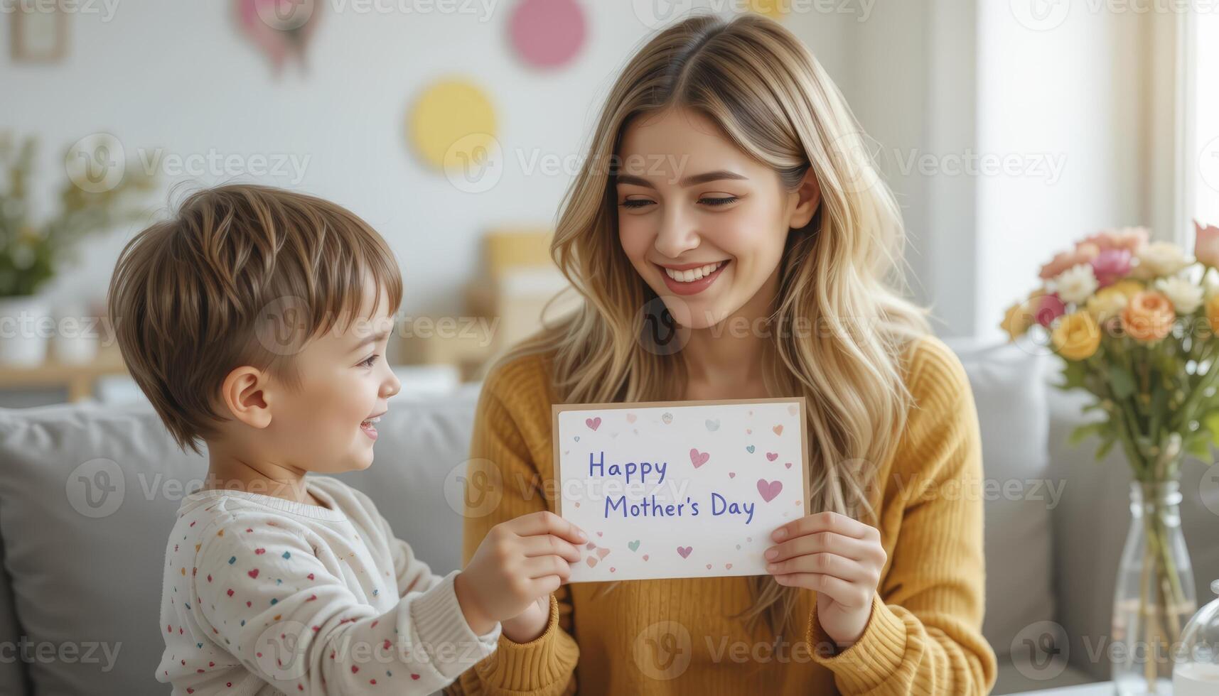 Happy Mother's Day A Child Presents a Handmade Card to a Smiling photo