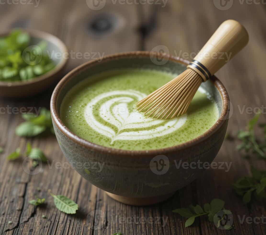 Green Tea Latte with Heart Foam in Rustic Bowl photo