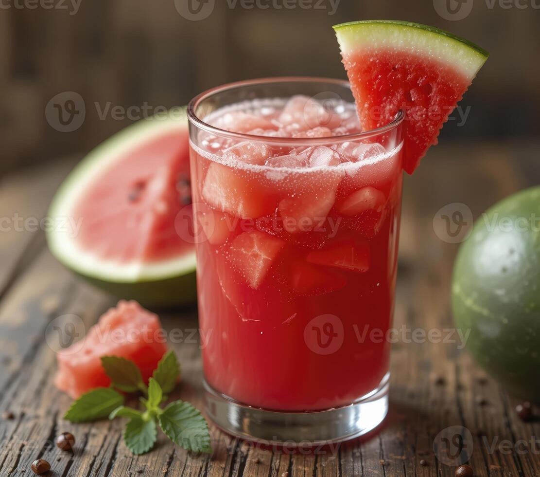 Red Fruit Drink with Ice and Mint on Rustic Wood photo