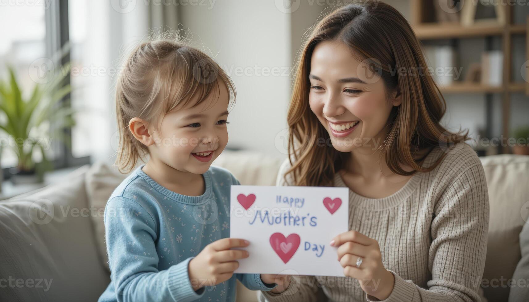 Happy Mother and Child Sharing a Handmade Mother's Day Card photo