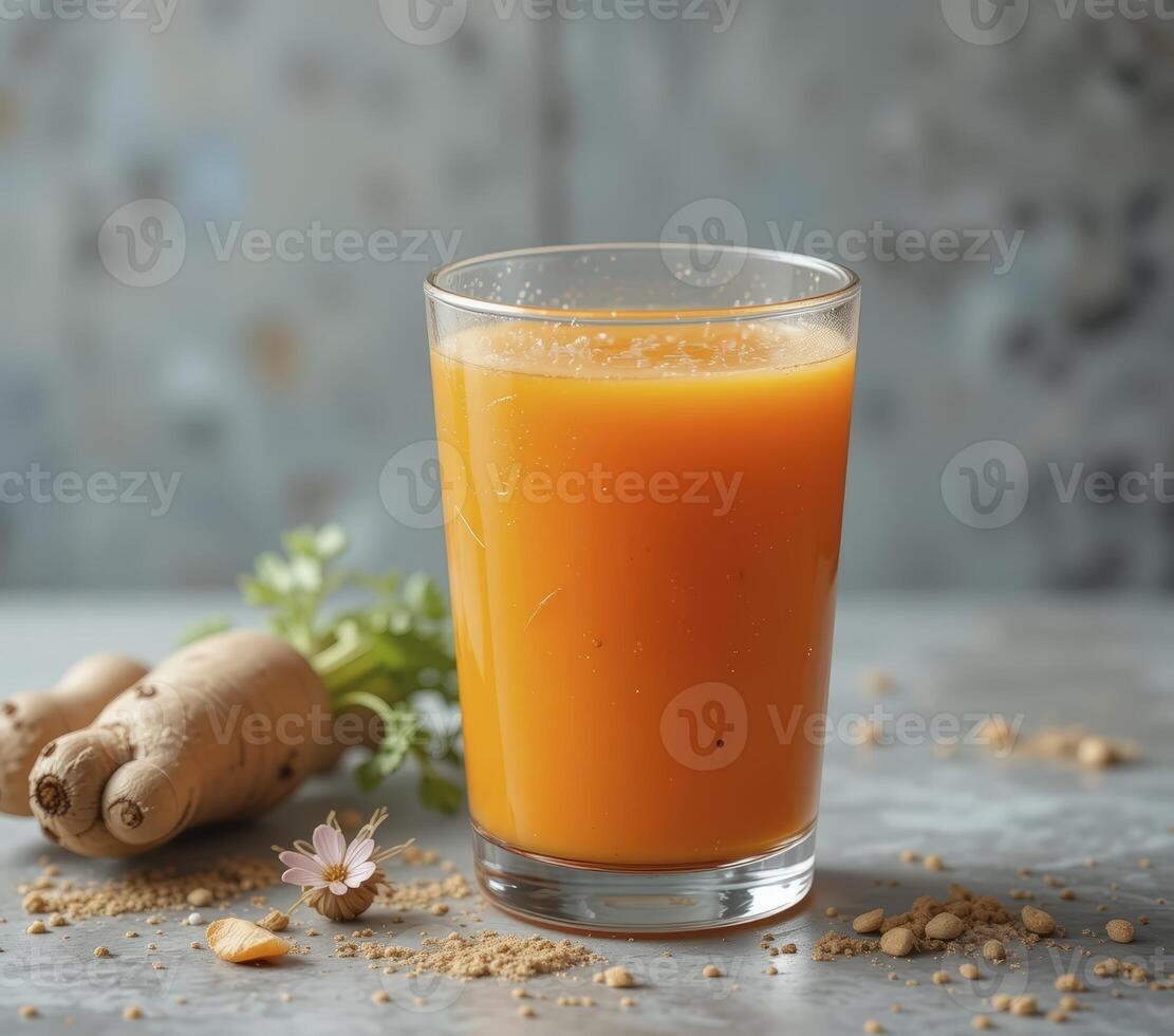 Vibrant Orange Juice with Ginger and Turmeric on Gray Background photo