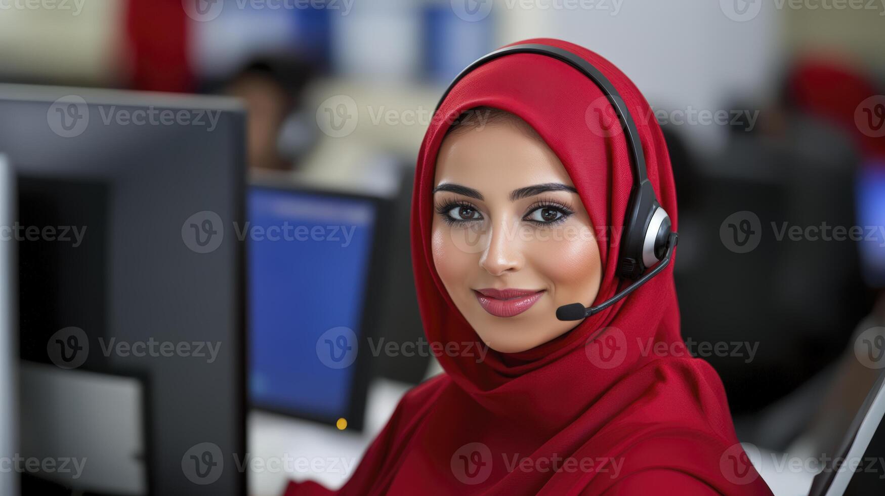 Smiling Person in Red Headscarf Wearing Headset in Office photo