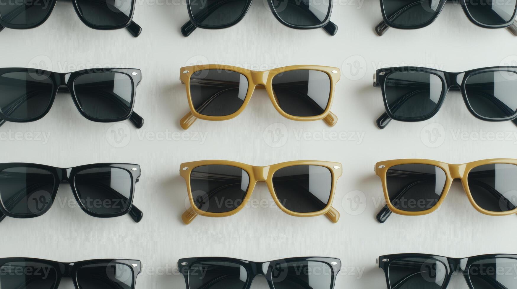 Organized Pattern of Black and Amber Sunglasses on White Background photo