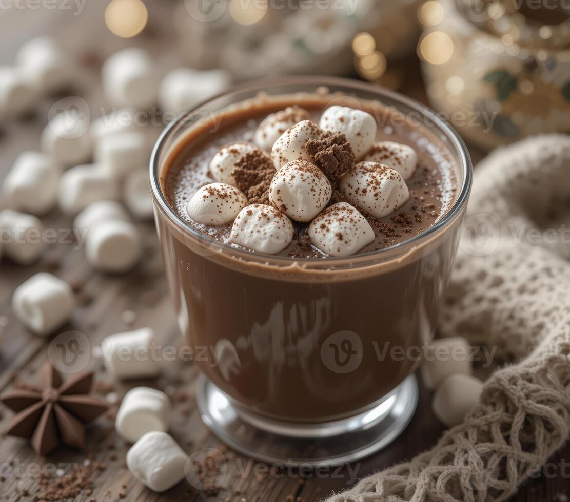 Warm Hot Chocolate with toping on Rustic Wooden Table photo