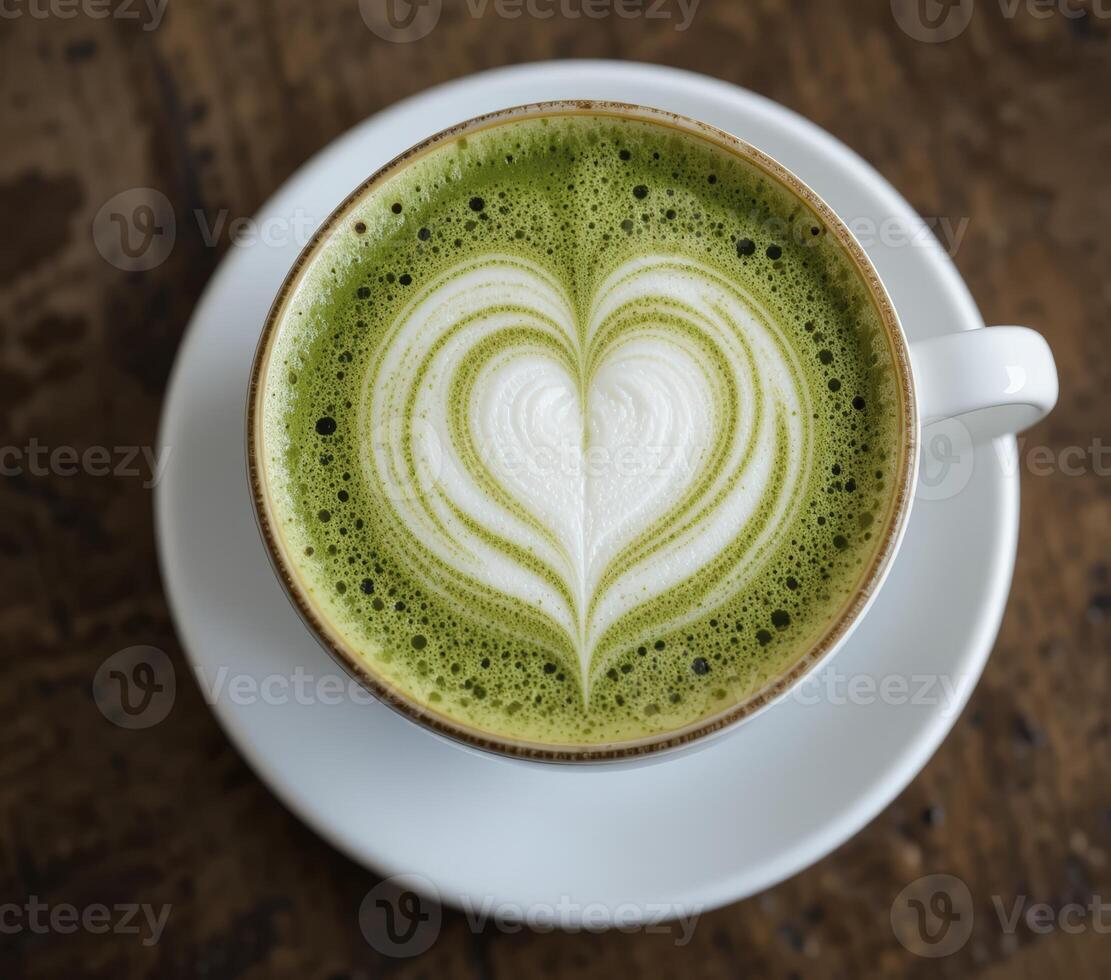 Green Matcha Beverage with Heart Shaped Latte Art on Wooden Table photo