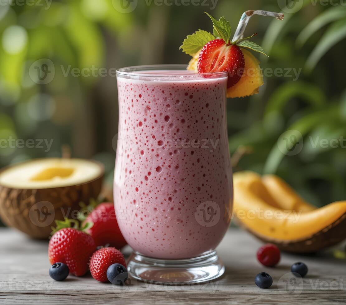 Refreshing Berry Smoothie with Melon and Berries on Rustic Wood photo