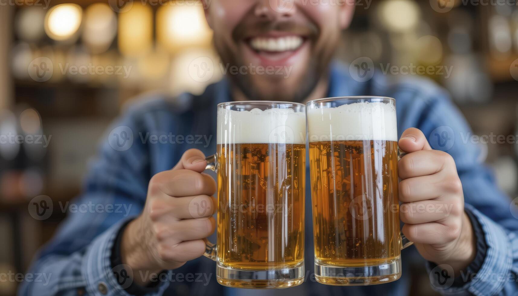 Smiling Man Cheers with Two Beer Mugs in a Pub photo