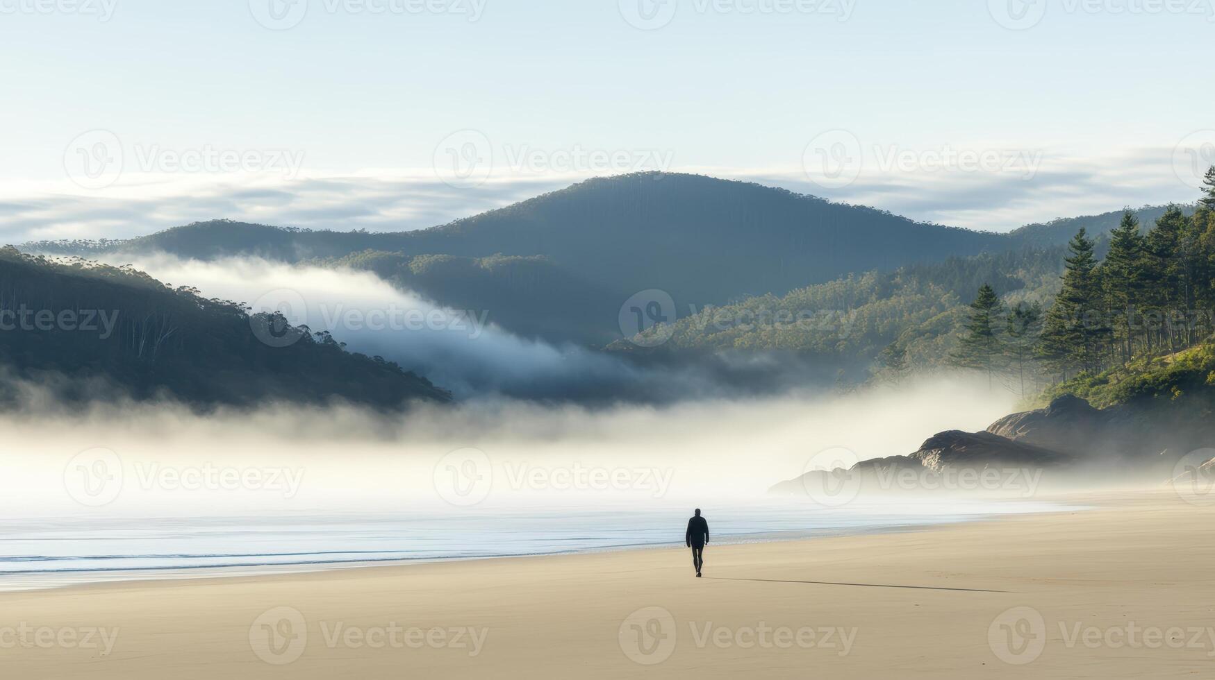 Person Walking on Misty Beach at Dawn, Green Mountains in Background photo
