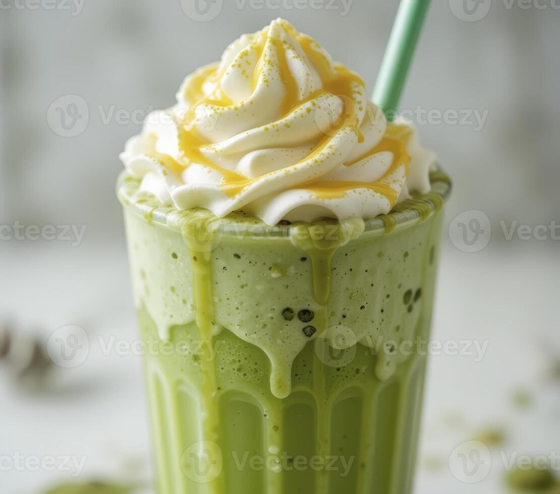 Refreshing Green Smoothie with Whipped Cream and Yellow Sauce photo