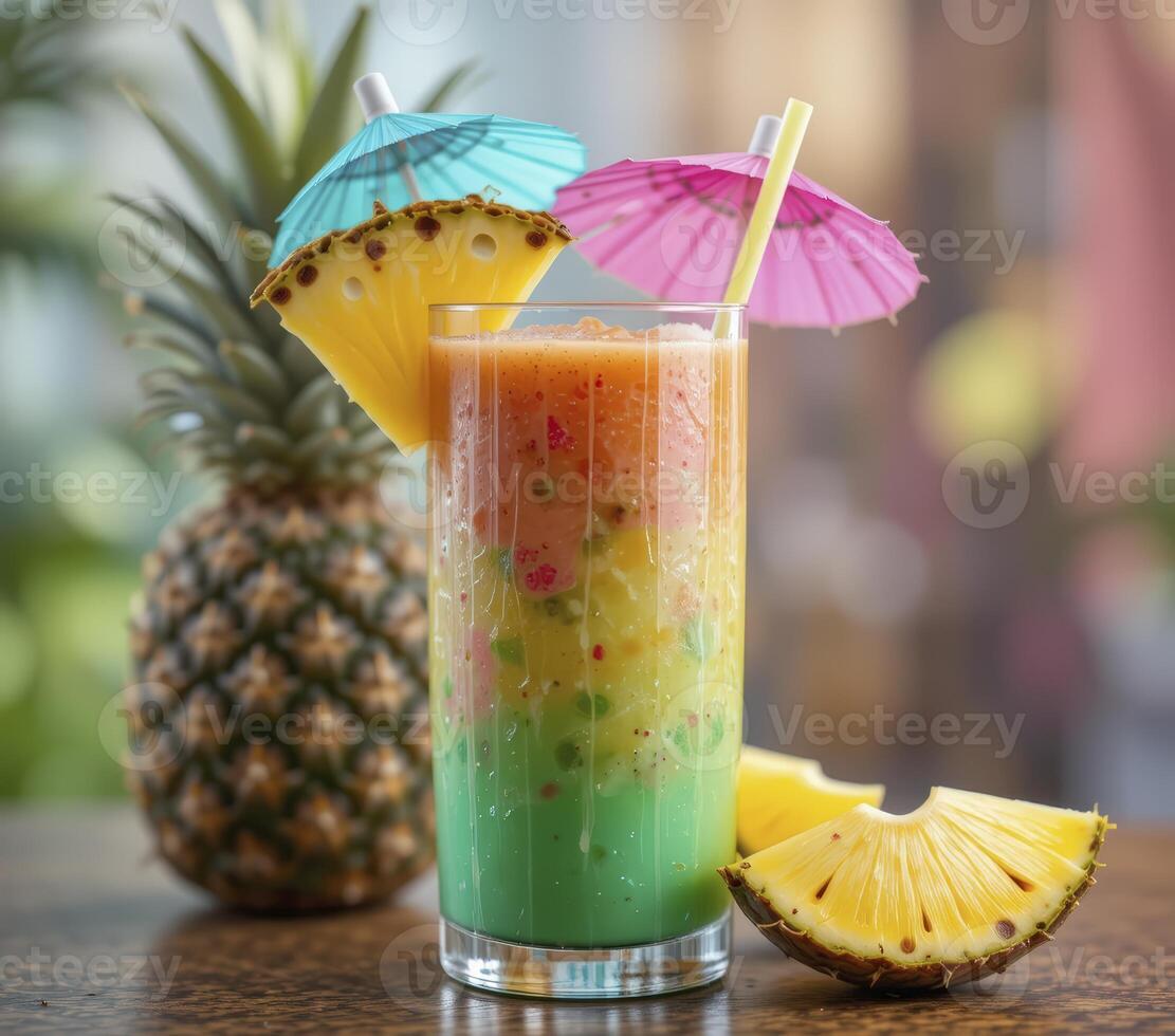 Layered Tropical Fruit Smoothie With Pineapple Garnish photo