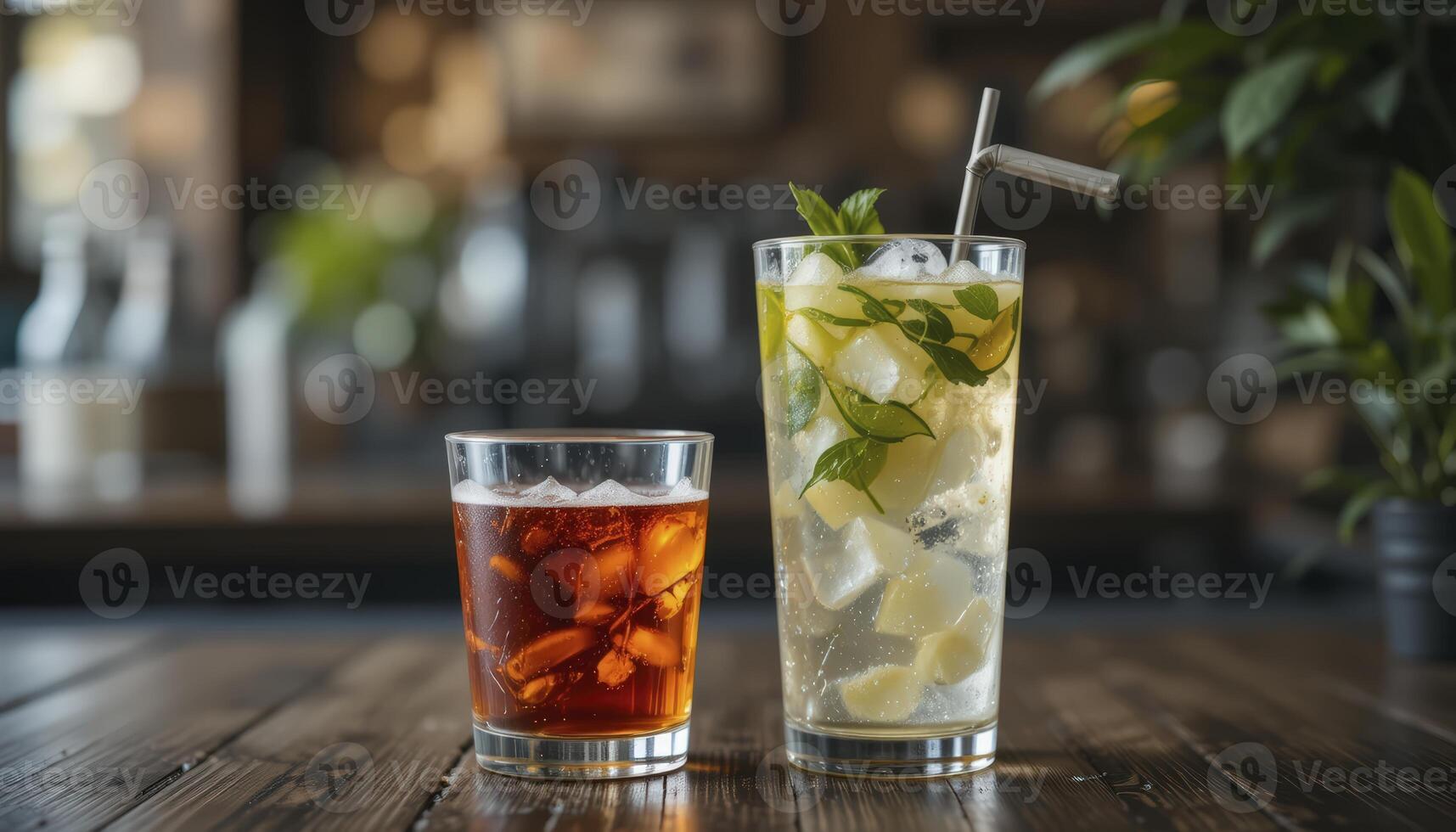 Two Refreshing Drinks on a Rustic Wooden Table Cola and Pineapple photo