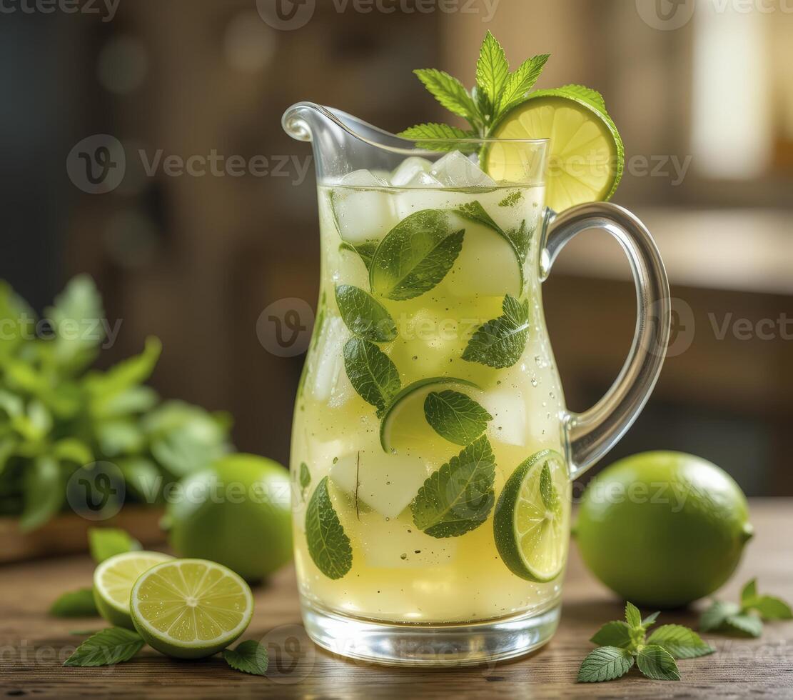 Refreshing Lime Mint Pitcher Drink On Rustic Wood photo
