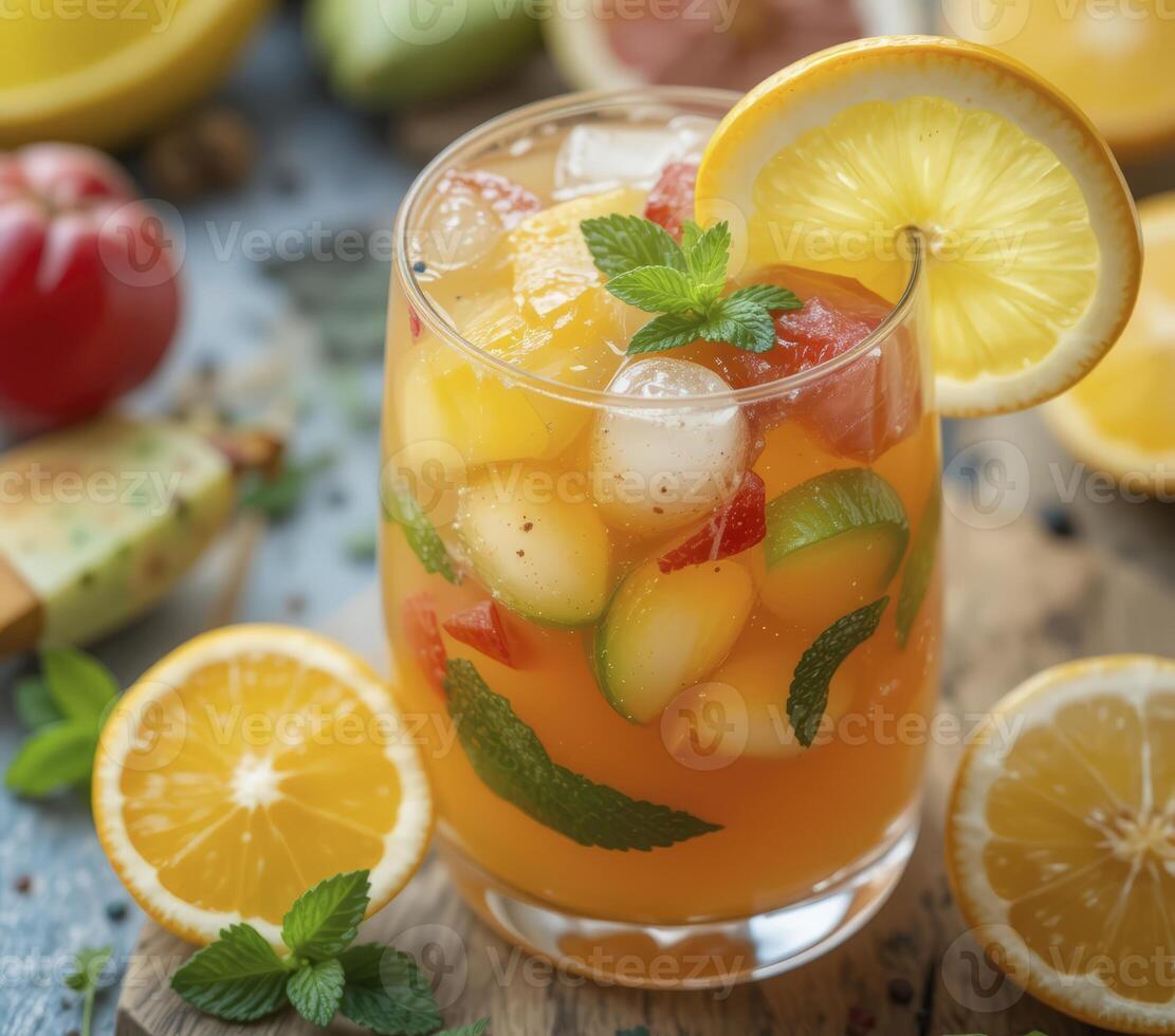 Closeup View of a Refreshing Summer Fruit Cocktail with Ice and Mint photo