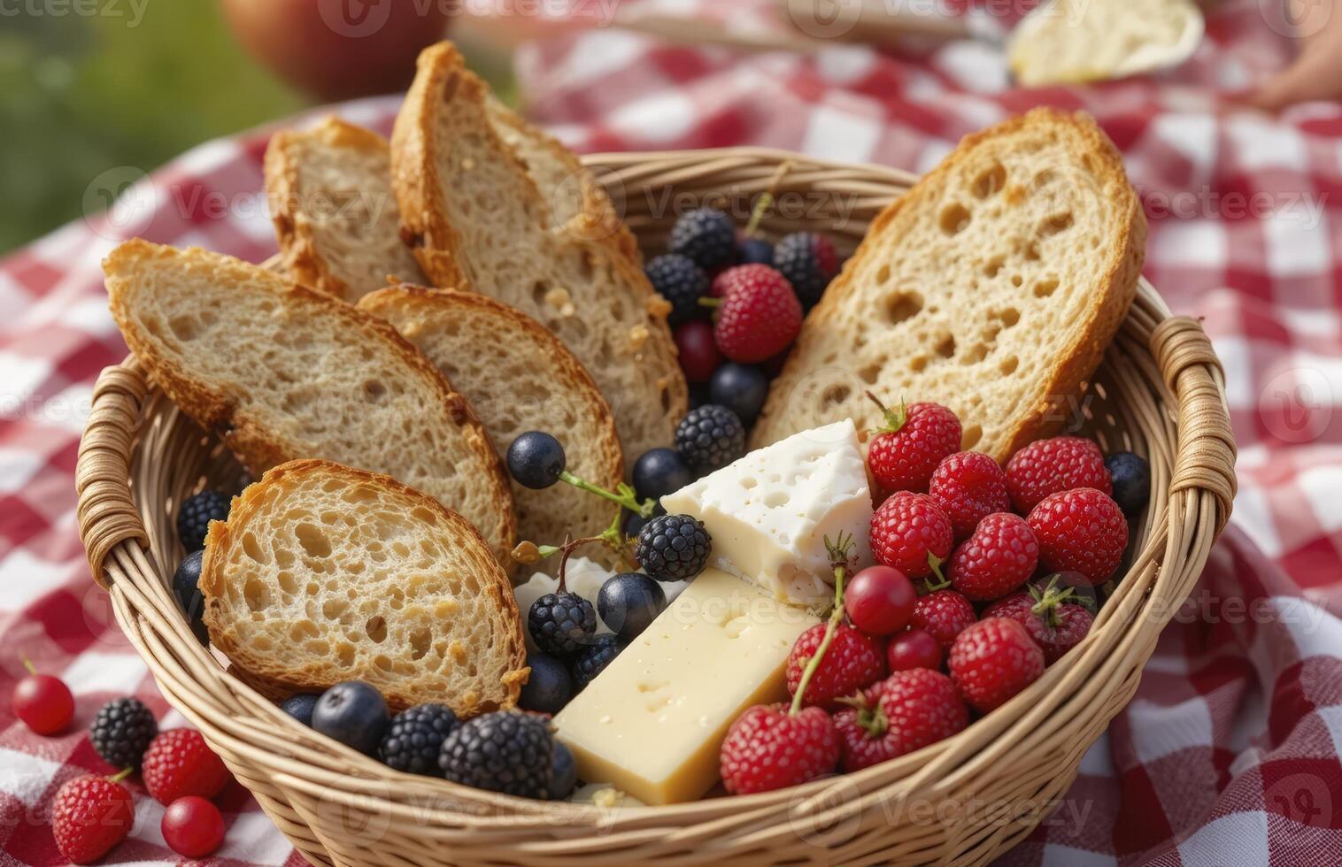 Rustic Summer Picnic Basket with Bread, Berries, and Cheese photo