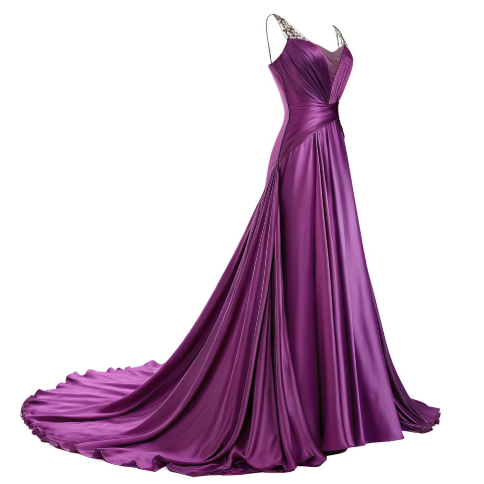 Elegant purple satin evening gown with a long train on a mannequin png
