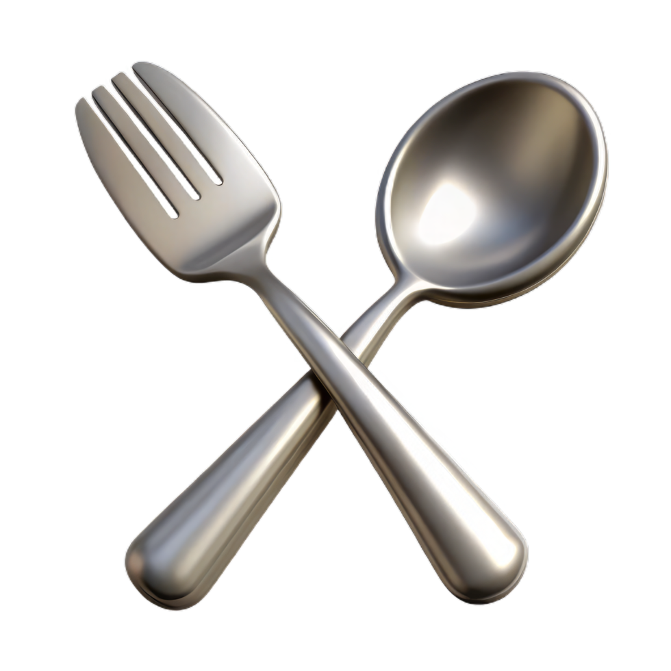 Silver spoon and fork, kitchen tool icon, Cutlery spoon and fork isolated on transparent background png