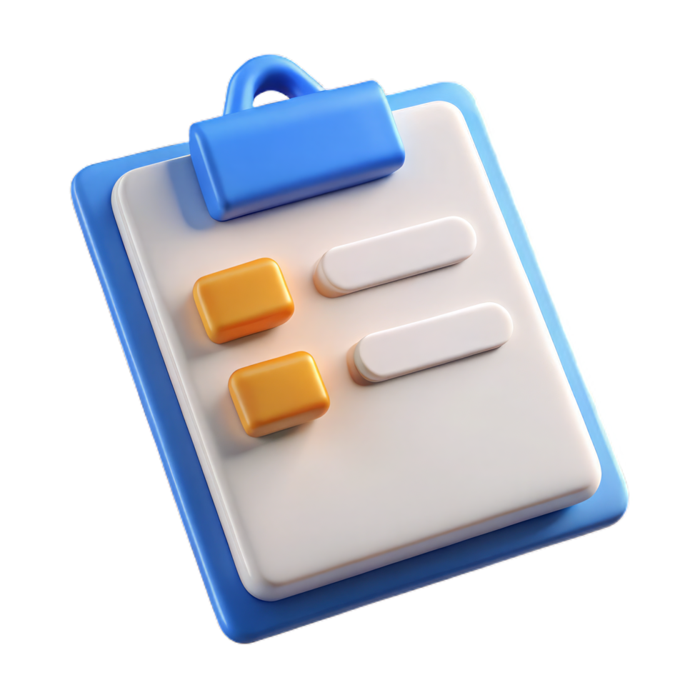 Blue and White Clipboard with Papers and Clip for Tasks Notes and Organization, 3d clipboard task management isolated on transparent background. Cartoon style icon. png