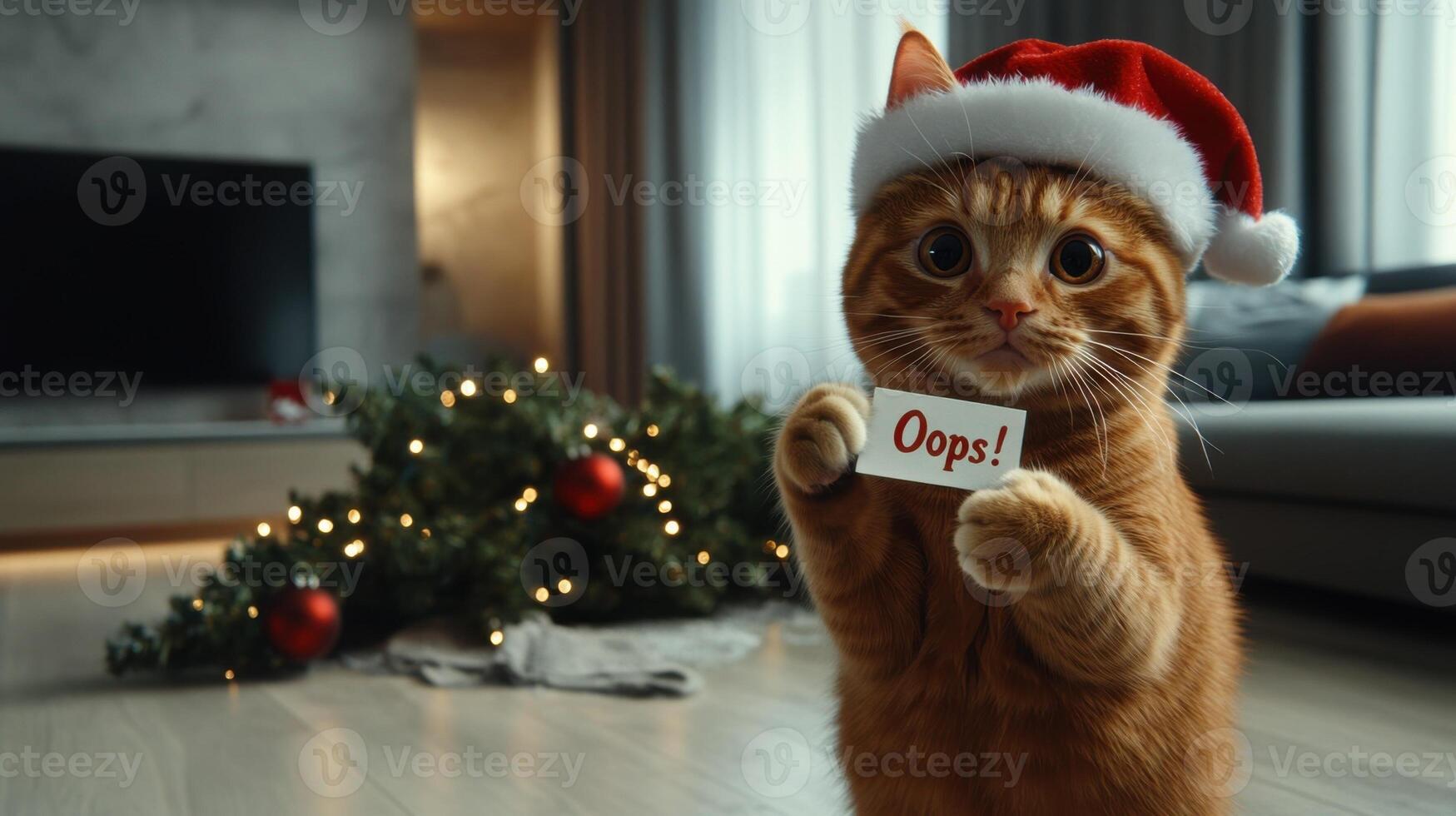 ginger cat in Santa hat holding note Oops in the background of a fallen Christmas tree photo