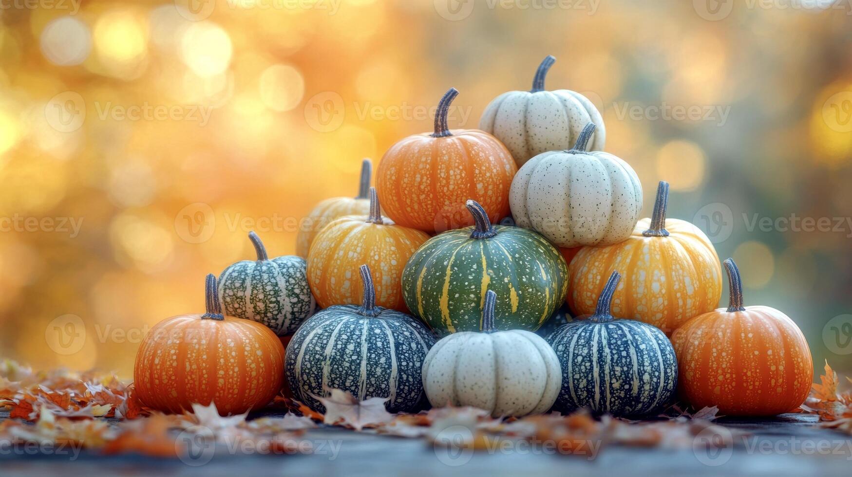 pumpkins of different varieties stacked on the table against the background of autumn leaves photo