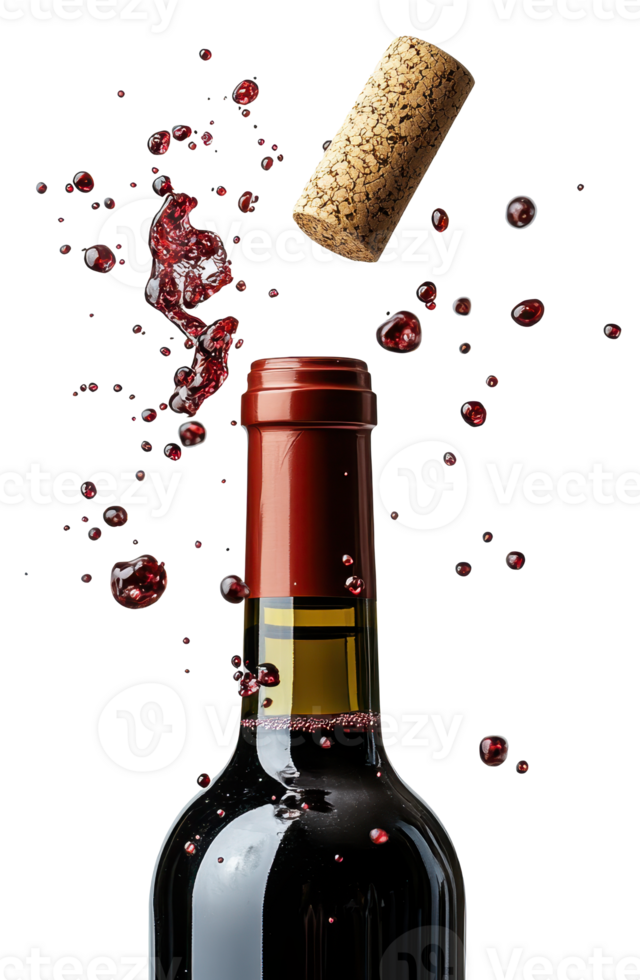 Red Wine Bottle with Cork Popping Splashing and Red Wine Droplets png