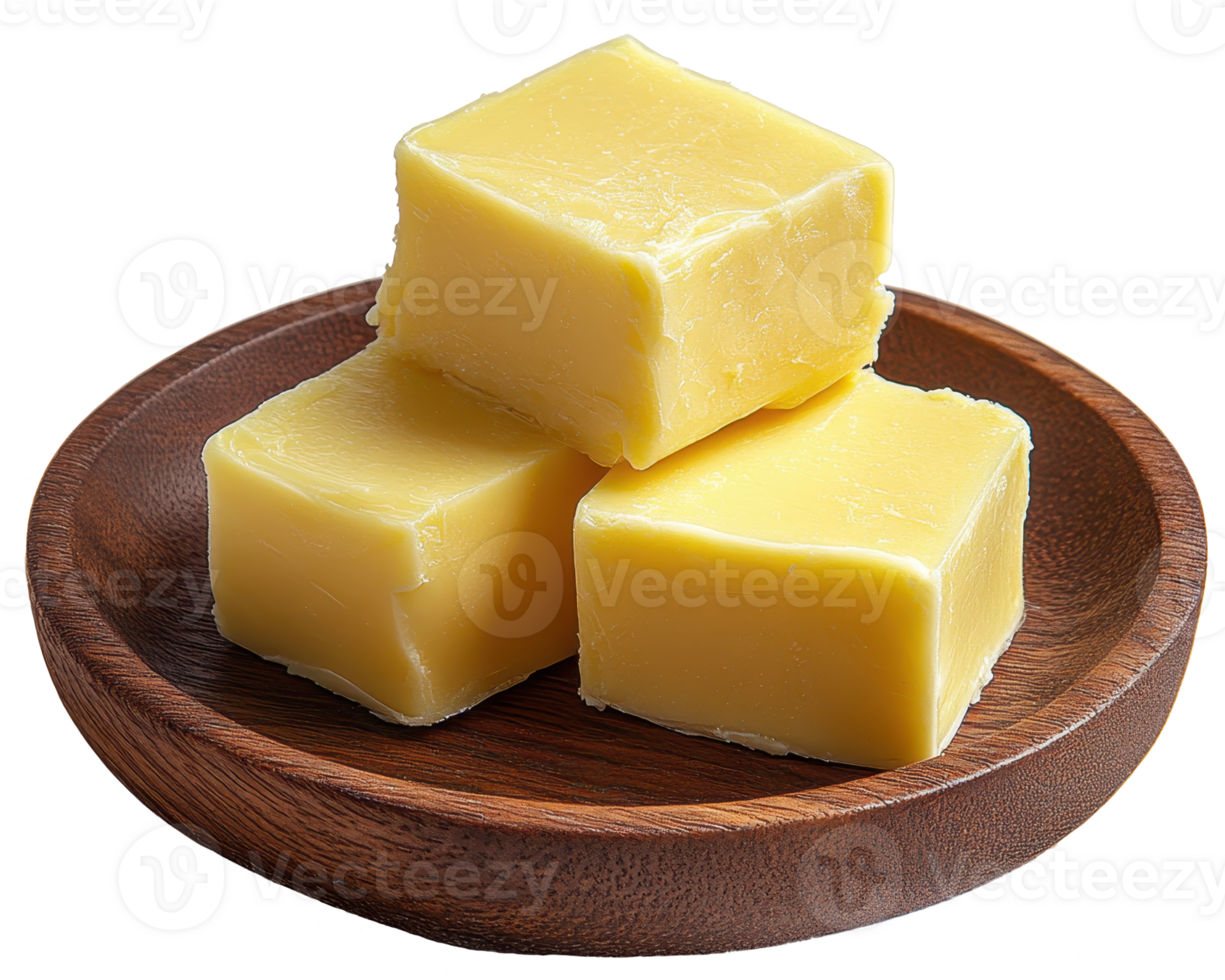 Three Cubes of Yellow Butter on Wooden Dish Dairy Product Food Photography png