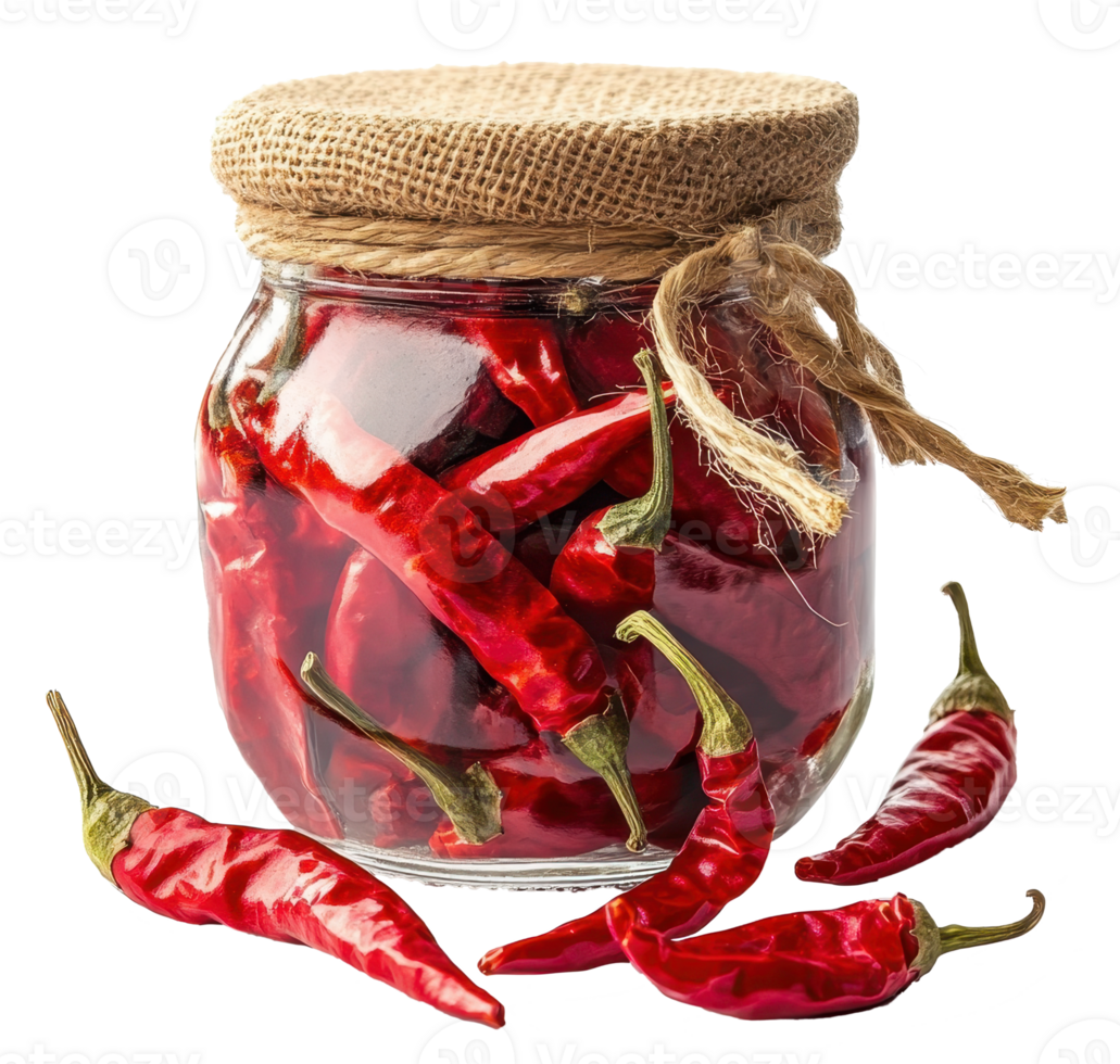 Glass Jar of Pickled Red Chili Peppers with Burlap Lid and Dried Chilies png