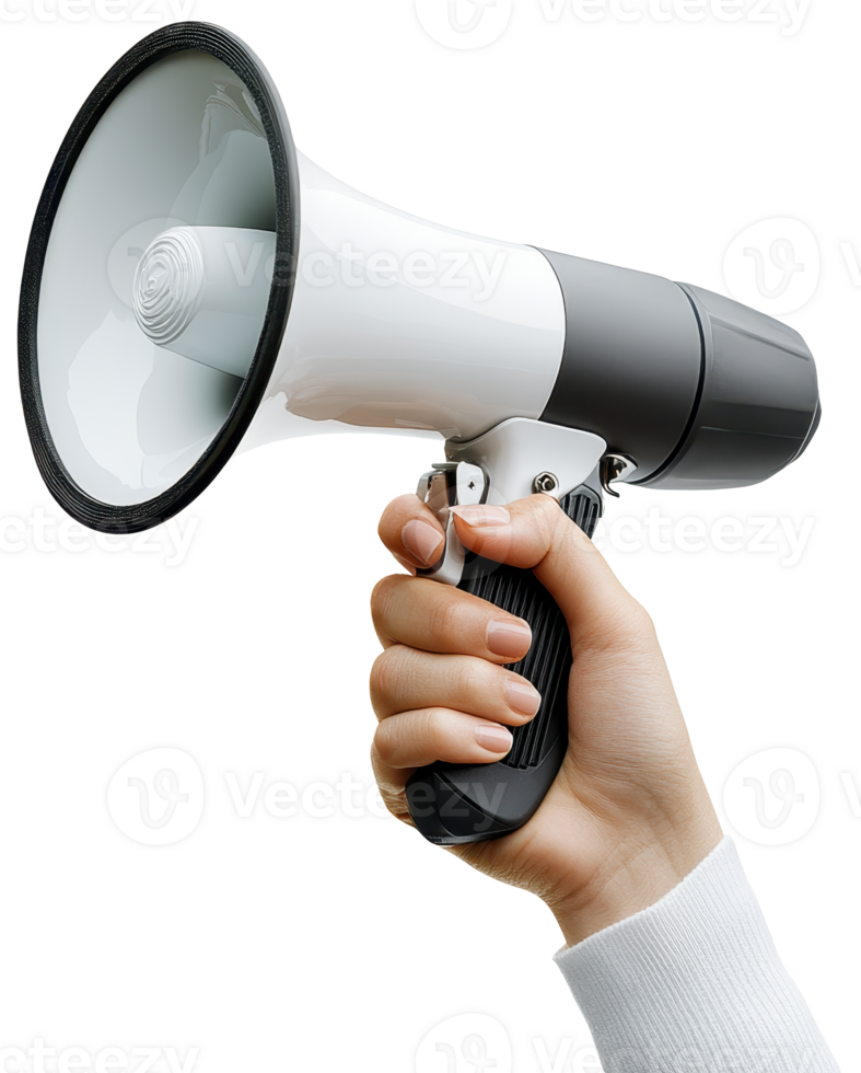 Hand Holding a White and Gray Bullhorn Megaphone Loudspeaker Announcement Device png