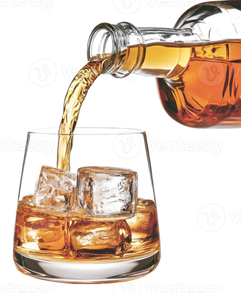 Golden Amber Whiskey Pouring into Rocks Glass with Ice Cubes png