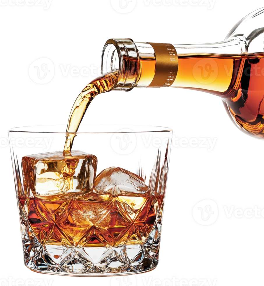 Amber Liquid Pouring into Crystal Rocks Glass with Ice Cubes Close Up png