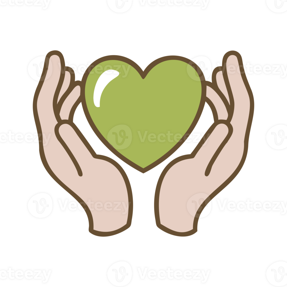 Green heart held by hands illustration in flat cartoon style showing love care health and compassion in soft colors and symbolic supportive icon png