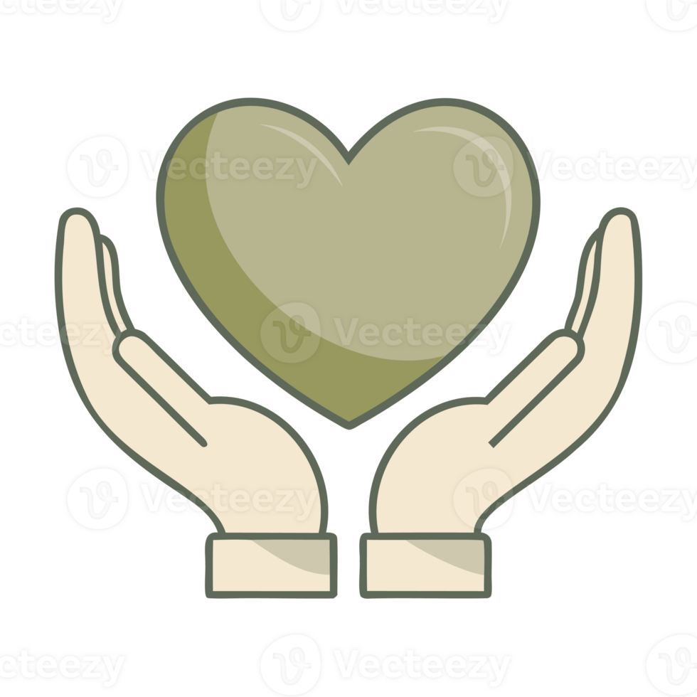 Flat illustration of hands holding green heart symbol in pastel colors representing care love and compassion in minimal soft style with health and wellness png