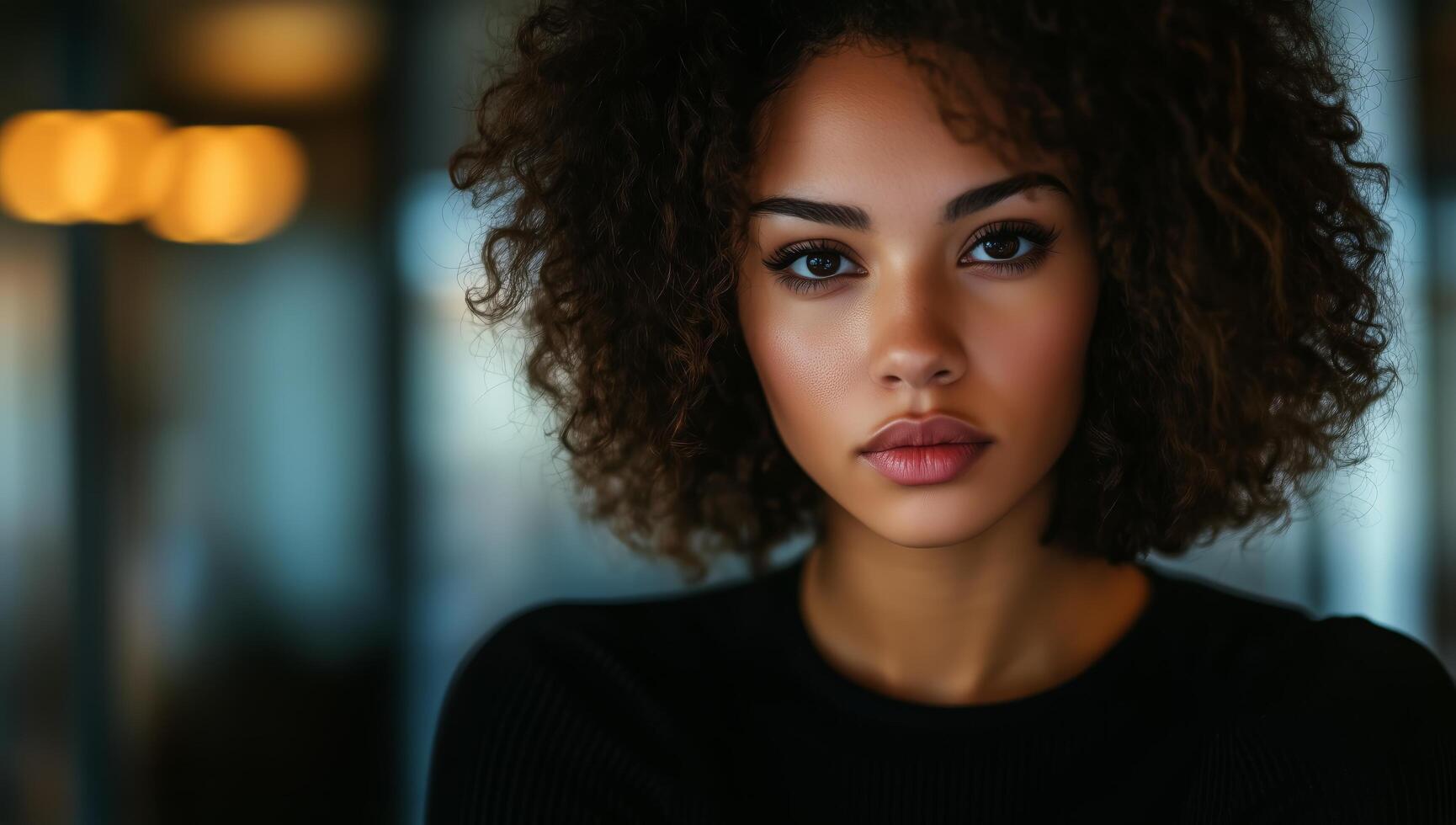 Captivating Portrait of a Woman With Curly Hair in a Modern Indoor Setting During Soft Lighting photo