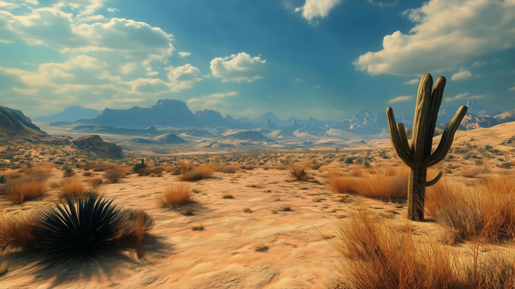 Majestic Desert Landscape Under a Vast Blue Sky With Distant Mountains and Desert Flora photo