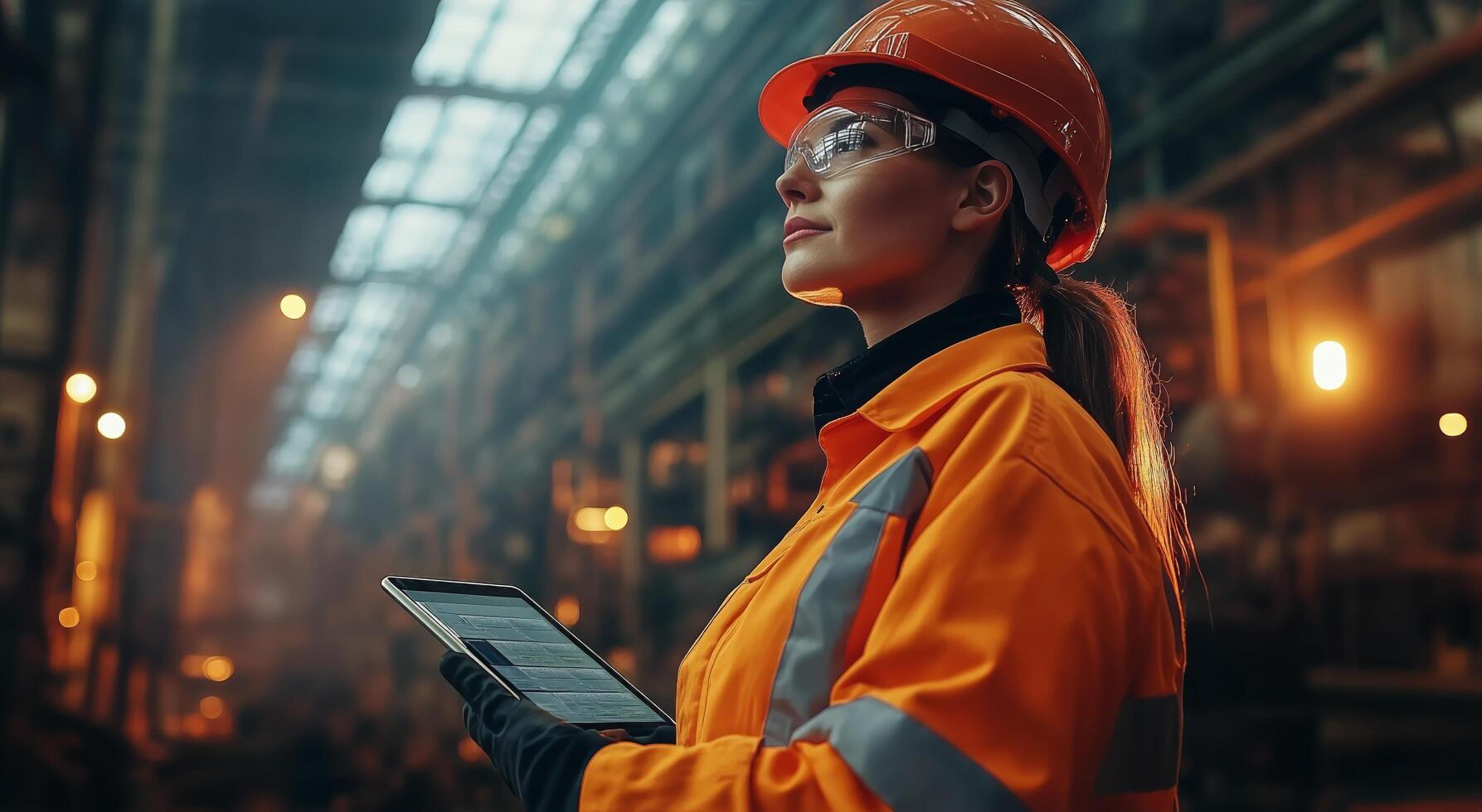 Construction Worker Using Tablet in Industrial Environment During Evening Hours photo
