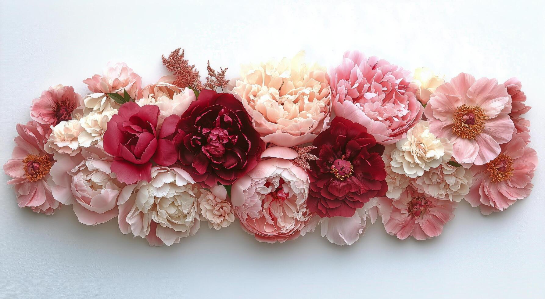 Vibrant Floral Arrangement With Peonies and Roses in Soft Pink and Red Hues Against a Light Background photo