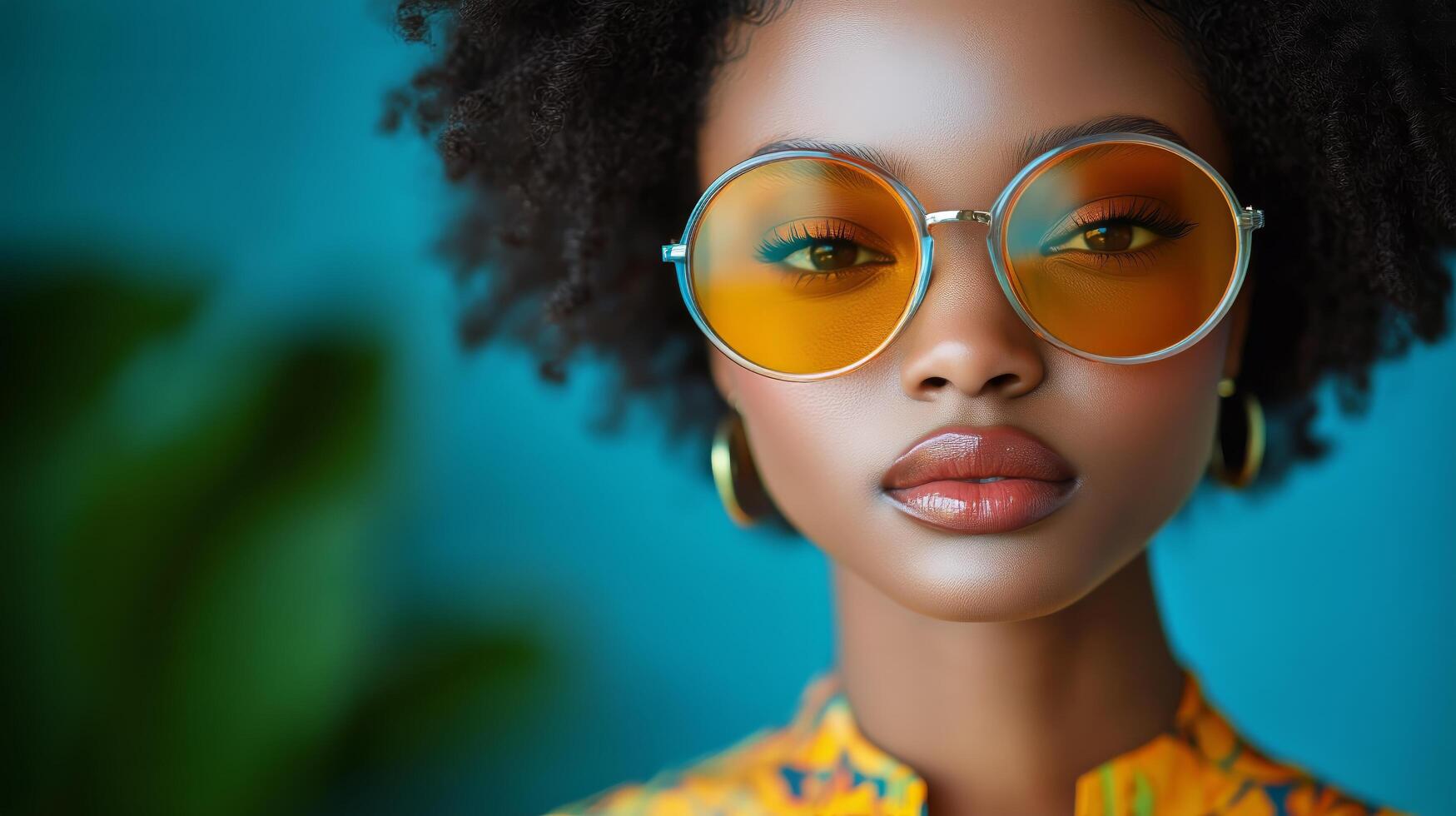 Stylish Woman Wearing Yellow Sunglasses Poses Confidently in Front of a Vibrant Blue Background photo
