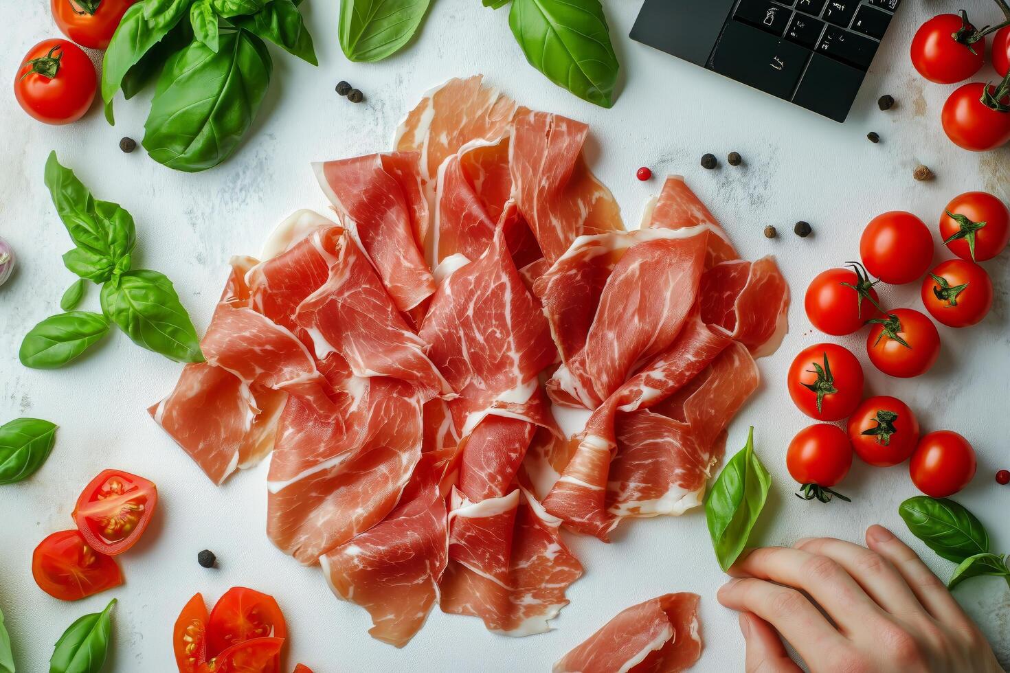 Delicious Cured Ham With Fresh Tomatoes and Basil Arranged on a Countertop Preparing for a Meal photo