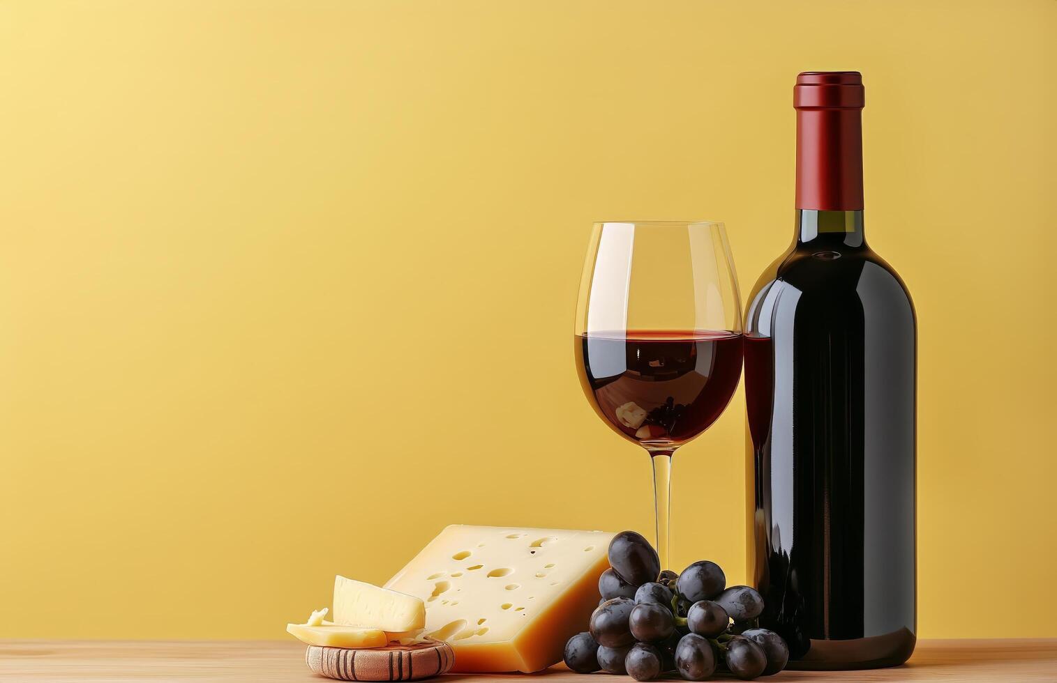 Wine and Cheese Arrangement With Grapes on Wooden Table Against Yellow Backdrop photo