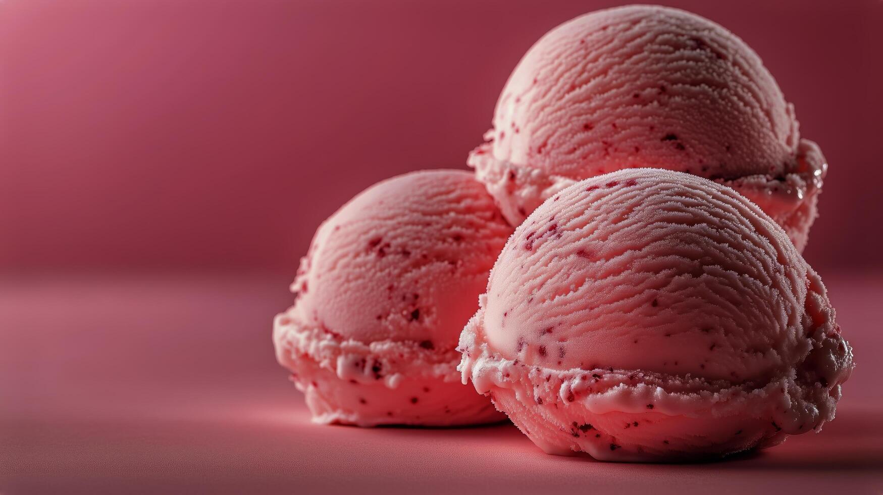 Three Scoops of Strawberry Ice Cream Arranged on a Pink Background With Soft Lighting Effects photo