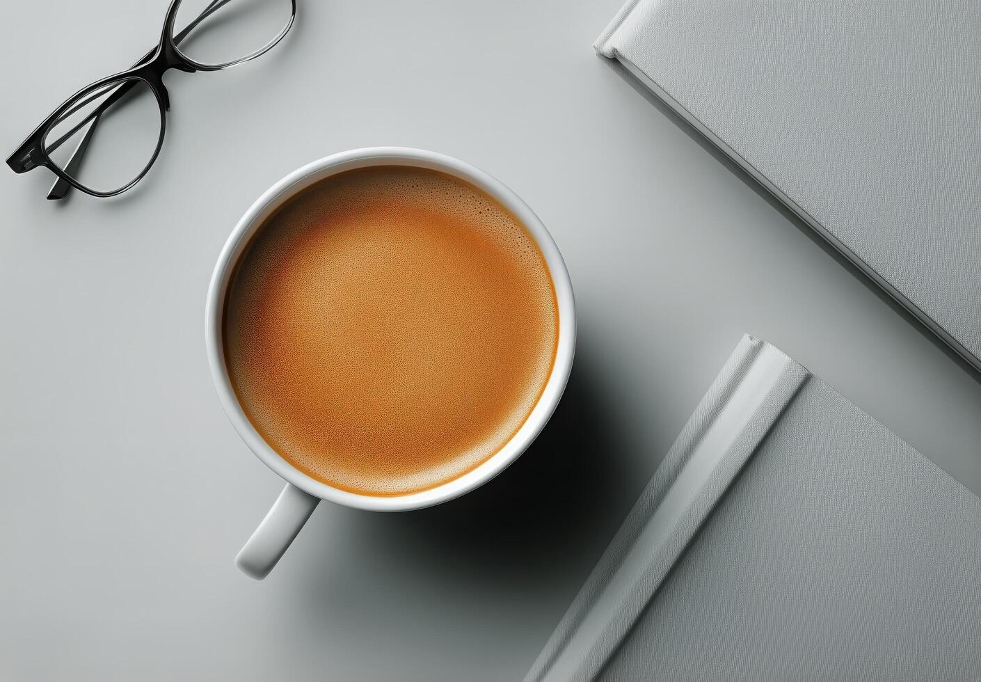 Warm Coffee in a White Cup Beside Glasses and Books on a Table in a Cozy Indoor Space photo