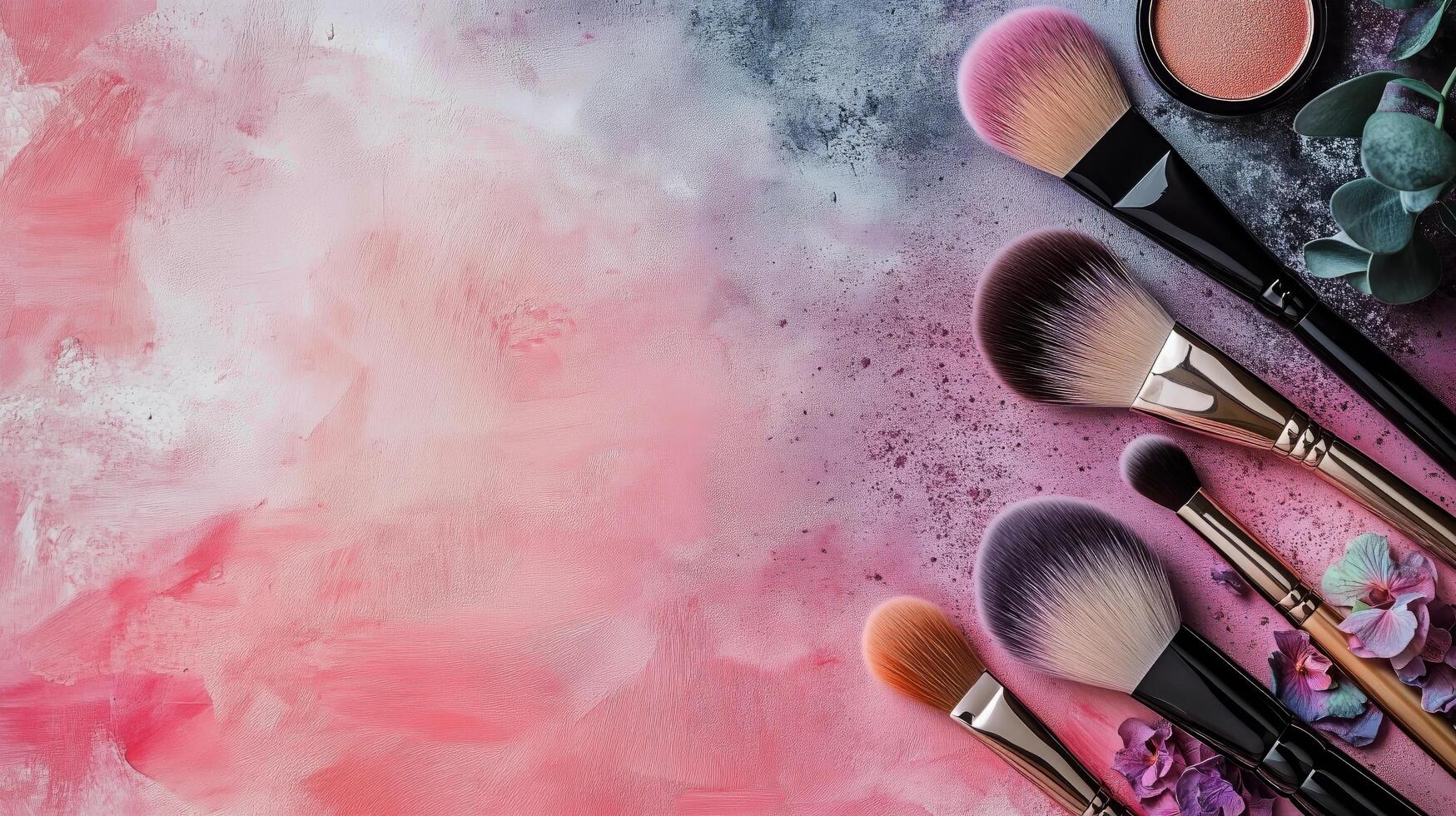 Colorful Makeup Brushes Arranged With Delicate Floral Accents on a Textured Surface photo